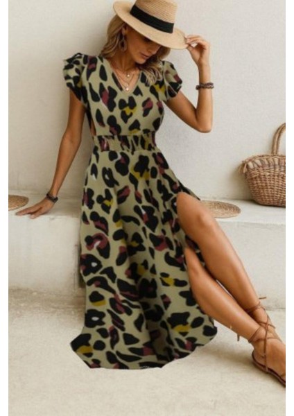 V Yaka Desenli Yırtmaçlı Süprem Elbise - Leopar fiyatları