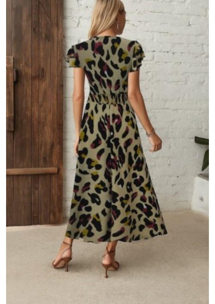 V Yaka Desenli Yırtmaçlı Süprem Elbise - Leopar modelleri