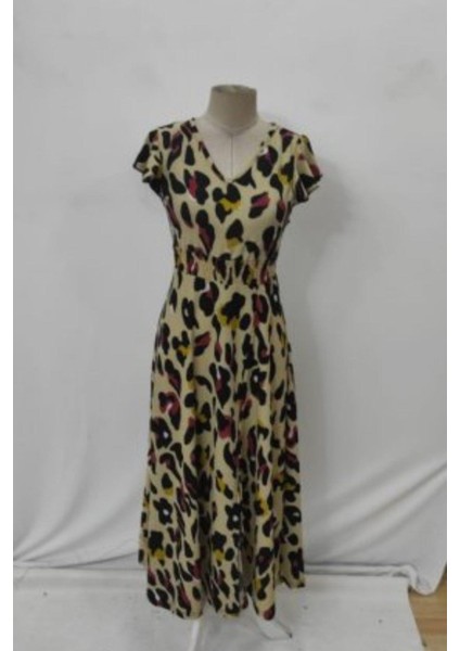 V Yaka Desenli Yırtmaçlı Süprem Elbise - Leopar fırsatları