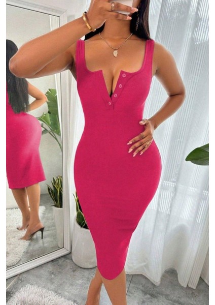 Kalın Askılı Düğme Detaylı Midi Kaşkorse Elbise - Fuşya