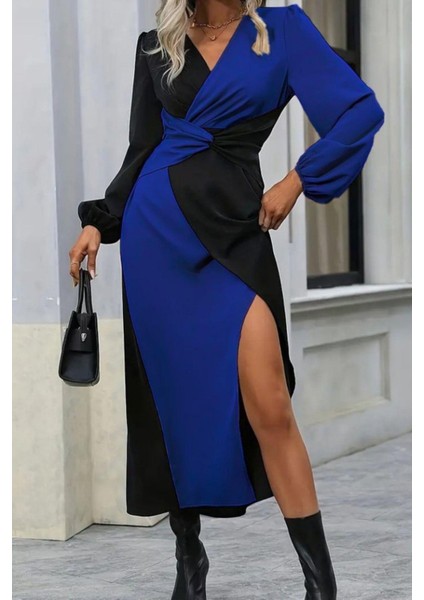 Kruvaze Yaka Bel Detaylı Midi Ithal Krep Elbise - Mavi