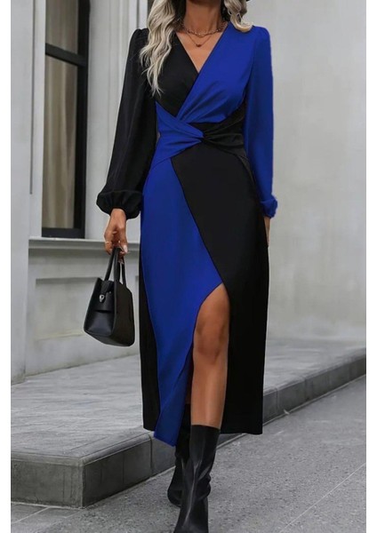 Kruvaze Yaka Bel Detaylı Midi Ithal Krep Elbise - Mavi modelleri