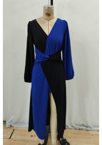 Kruvaze Yaka Bel Detaylı Midi Ithal Krep Elbise - Mavi fırsatları