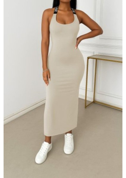 Sırtı Çapraz Detaylı Uzun Viskon Elbise - Bej