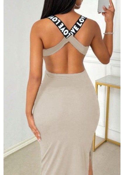 Sırtı Çapraz Detaylı Uzun Viskon Elbise - Bej fiyatları