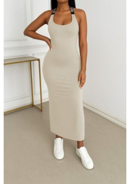 Sırtı Çapraz Detaylı Uzun Viskon Elbise - Bej modelleri