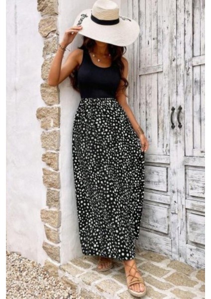 Kalın Askılı Üst Viskon Altı Desenli Bürümcük Elbise - Siyah