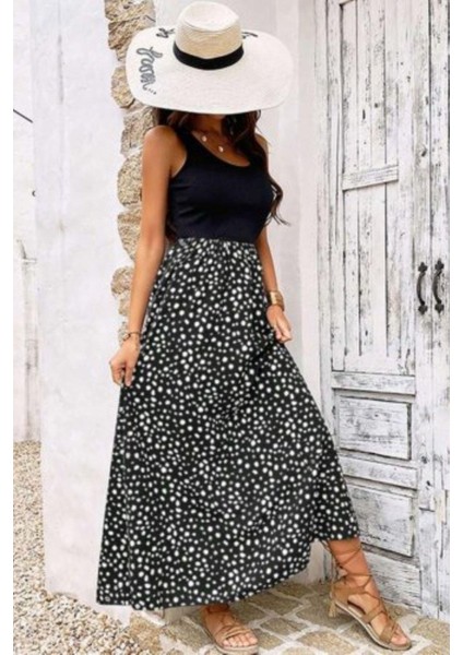 Kalın Askılı Üst Viskon Altı Desenli Bürümcük Elbise - Siyah fiyatları