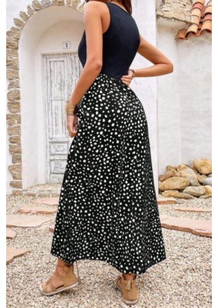 Kalın Askılı Üst Viskon Altı Desenli Bürümcük Elbise - Siyah modelleri