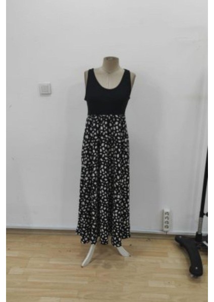 Kalın Askılı Üst Viskon Altı Desenli Bürümcük Elbise - Siyah fırsatları