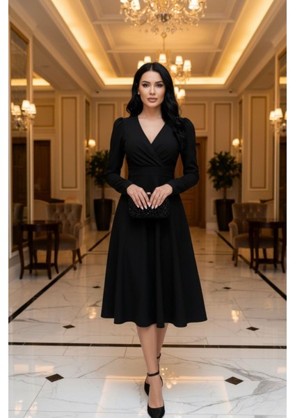 Zarif Bel Oturtmalı Midi Siyah Elbise fırsatları