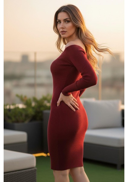 Kare Yaka Fitilli Likralı Elbise Bordo fiyatları