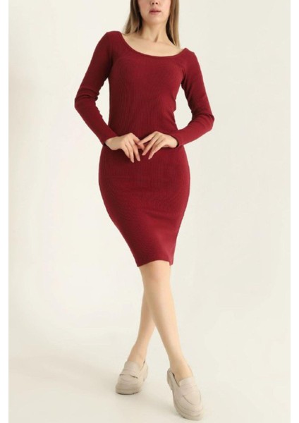 Kare Yaka Fitilli Likralı Elbise Bordo modelleri