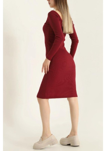 Kare Yaka Fitilli Likralı Elbise Bordo fırsatları