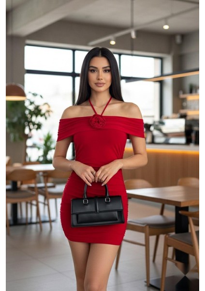 Madonna Yaka Boyun Bağlamalı Ayarlanabilir Güllü Elbise Kırmızı