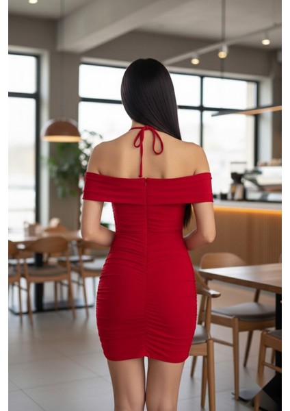 Madonna Yaka Boyun Bağlamalı Ayarlanabilir Güllü Elbise Kırmızı fiyatları