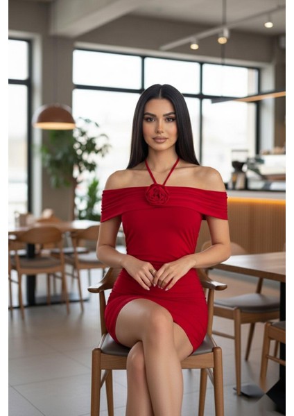 Madonna Yaka Boyun Bağlamalı Ayarlanabilir Güllü Elbise Kırmızı modelleri