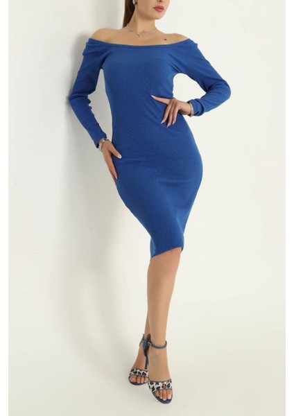 Kare Yaka Fitilli Likralı Elbise Saks modelleri