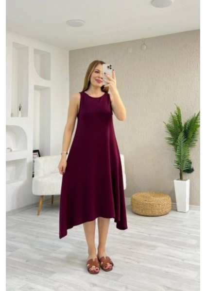 Kolsuz Asimetrik Kesim Viskon Elbise - Bordo