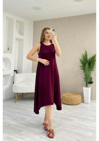 Kolsuz Asimetrik Kesim Viskon Elbise - Bordo fiyatları