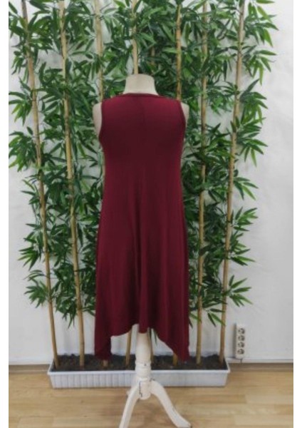 Kolsuz Asimetrik Kesim Viskon Elbise - Bordo modelleri