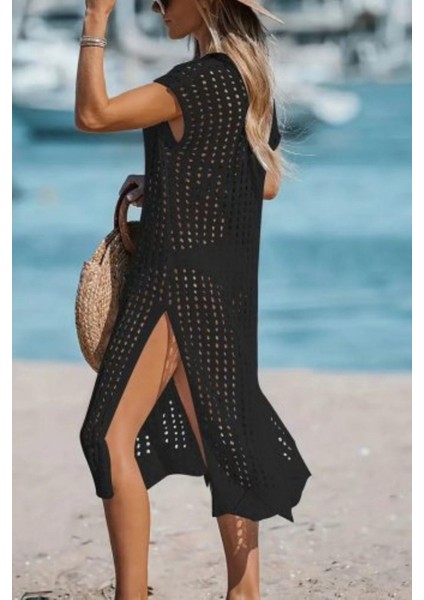 V Yaka Derin Yırtmaçlı Midi Triko Elbise - Siyah fiyatları