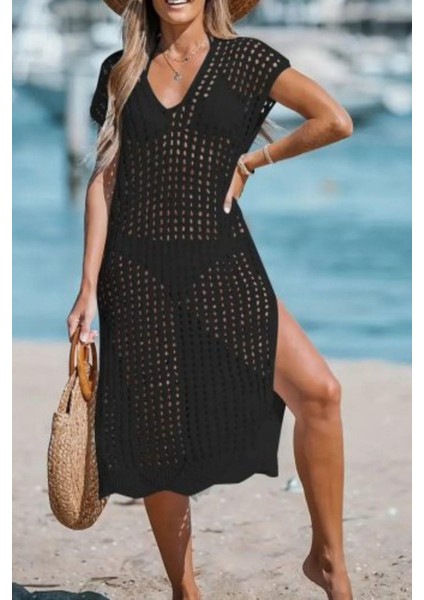 V Yaka Derin Yırtmaçlı Midi Triko Elbise - Siyah modelleri