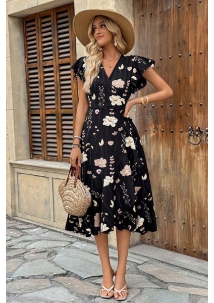 Kelebek Kollu Kruvaze Yaka Çiçek Desenli Süprem Elbise - Siyah