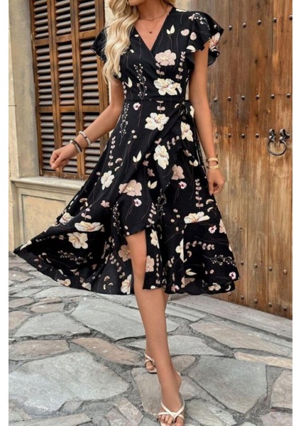 Kelebek Kollu Kruvaze Yaka Çiçek Desenli Süprem Elbise - Siyah fiyatları