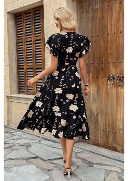 Kelebek Kollu Kruvaze Yaka Çiçek Desenli Süprem Elbise - Siyah modelleri