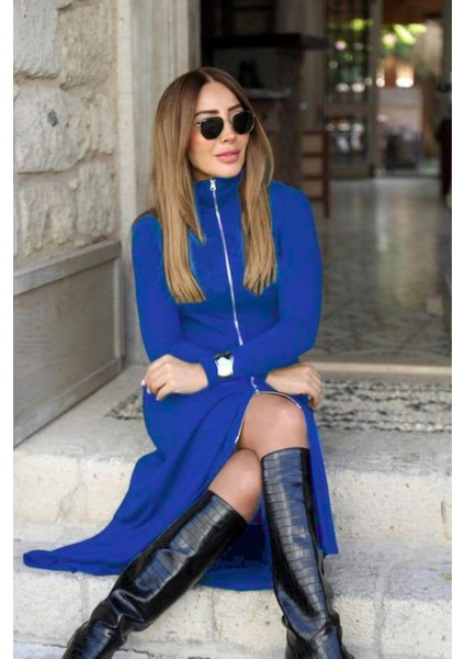 Önden Fermuarlı Ithal Krep Elbise - Saks