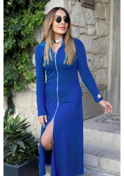 Önden Fermuarlı Ithal Krep Elbise - Saks modelleri