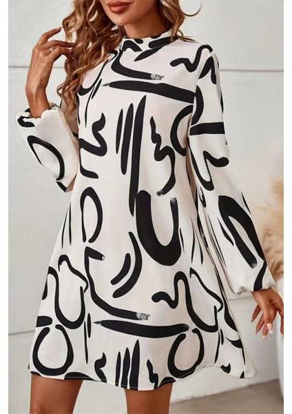 Balıkçı Yaka Desenli Şardonlu Dalgıç Elbise - Beyaz