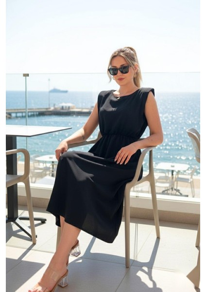 Moni Sıfır Kol Vatkalı Bel Lastikli Midi Boy Elbise Siyah