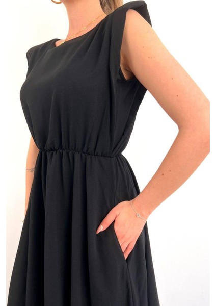 Moni Sıfır Kol Vatkalı Bel Lastikli Midi Boy Elbise Siyah fiyatları