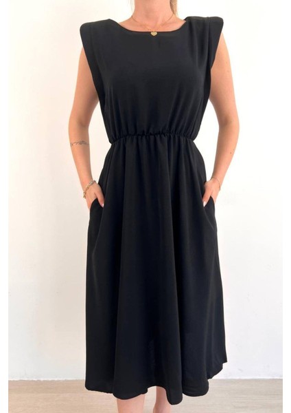 Moni Sıfır Kol Vatkalı Bel Lastikli Midi Boy Elbise Siyah fırsatları