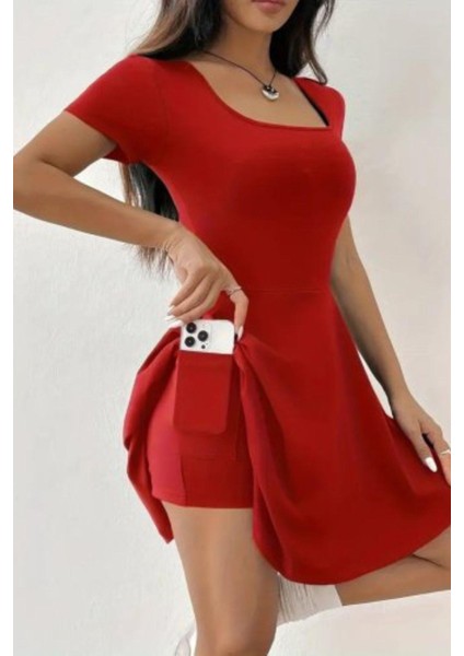 Kare Yaka Şort Detaylı Dalgıç Elbise Kırmızı fiyatları