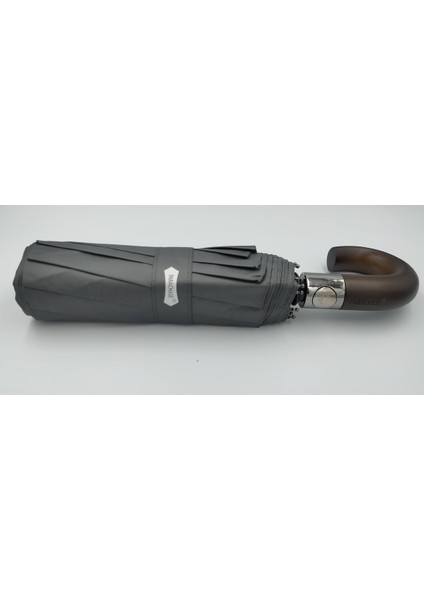 Tam Otomatik Ahşap Saplı Erkek Şemsiye Gri, Fermuarlı Kılıflı
