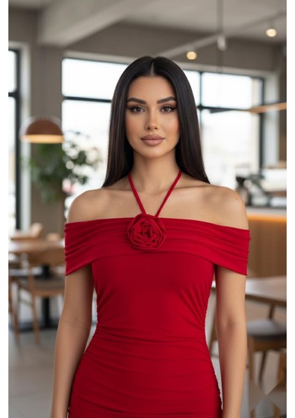 Madonna Yaka Boyun Bağlamalı Ayarlanabilir Güllü Elbise Kırmızı fırsatları