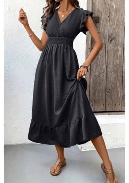 Kruvaze Yaka Bel Lastikli Aerobin Elbise - Siyah