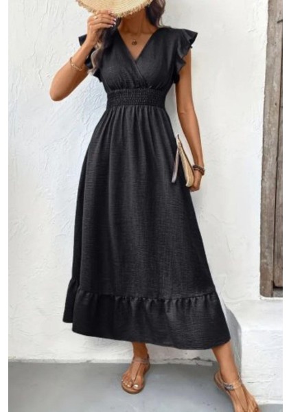 Kruvaze Yaka Bel Lastikli Aerobin Elbise - Siyah fiyatları