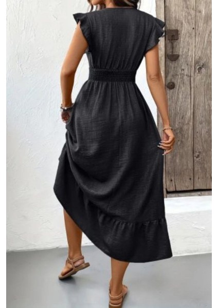 Kruvaze Yaka Bel Lastikli Aerobin Elbise - Siyah modelleri