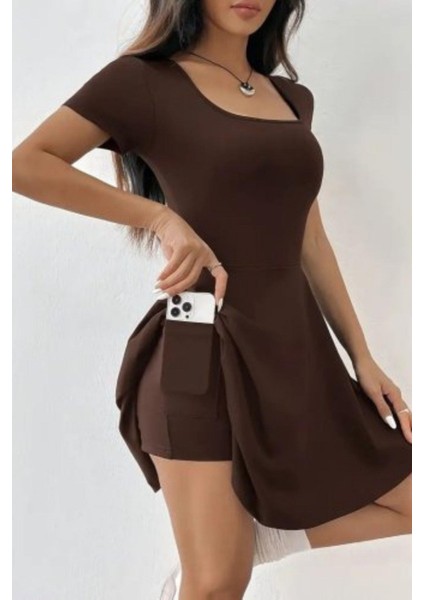 Kare Yaka Şort Detaylı Dalgıç Elbise Kahve fiyatları