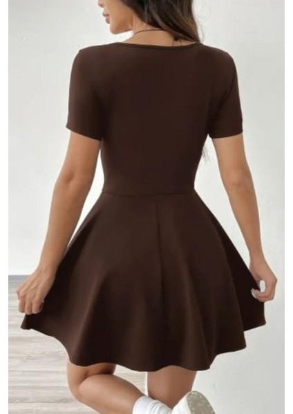 Kare Yaka Şort Detaylı Dalgıç Elbise Kahve modelleri