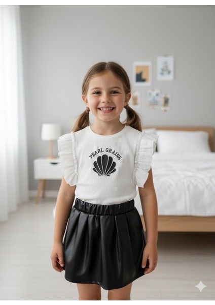 Kız Siyah Deri Etekli Istiridye Baskılı Beyaz Tişörtlü Şık Takım