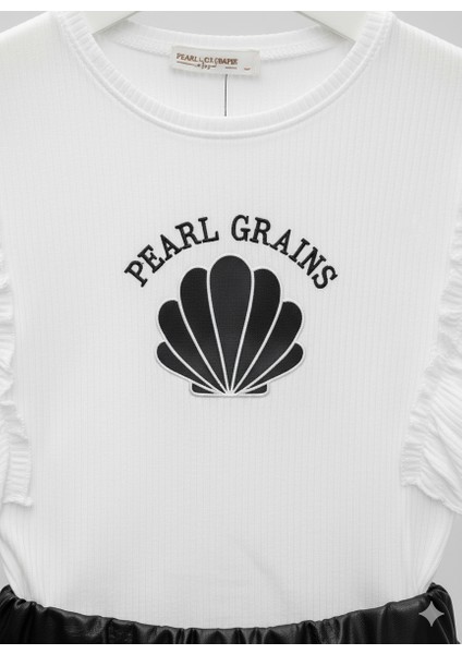 Kız Siyah Deri Etekli Istiridye Baskılı Beyaz Tişörtlü Şık Takım fırsatları