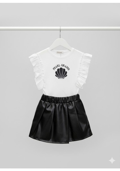 Kız Siyah Deri Etekli Istiridye Baskılı Beyaz Tişörtlü Şık Takım fiyatları