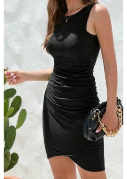 Yan Büzgülü Drapeli Kolsuz Viskon Elbise - Siyah fiyatları