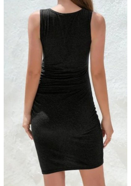 Yan Büzgülü Drapeli Kolsuz Viskon Elbise - Siyah modelleri