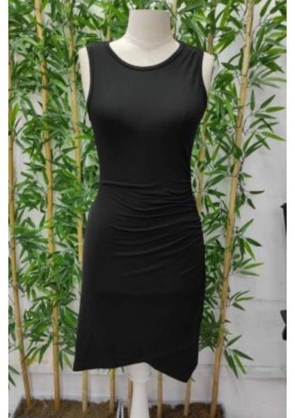 Yan Büzgülü Drapeli Kolsuz Viskon Elbise - Siyah fırsatları